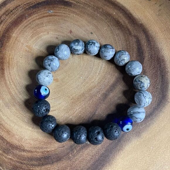 Picasso jasper lava evil eye 10mm stretch bracelet beaded bracelet 7” stretch cr - Picture 3 of 7